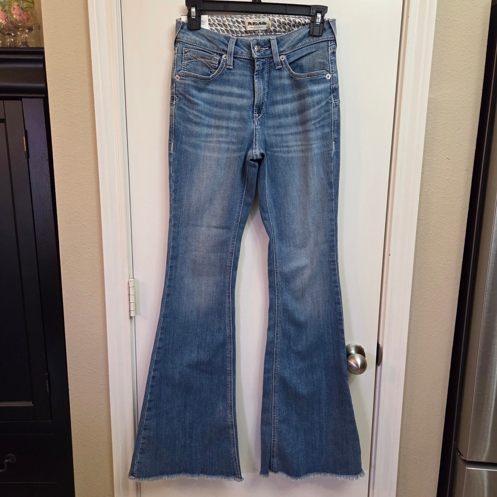 Ariat REAL Denim Oakland High Rise Flare Jeans Medium Wash Raw Hem 26R
